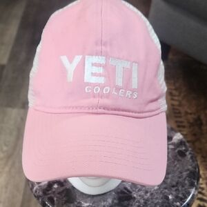 Yeti Pink and White Mesh Back Trucker Hat.